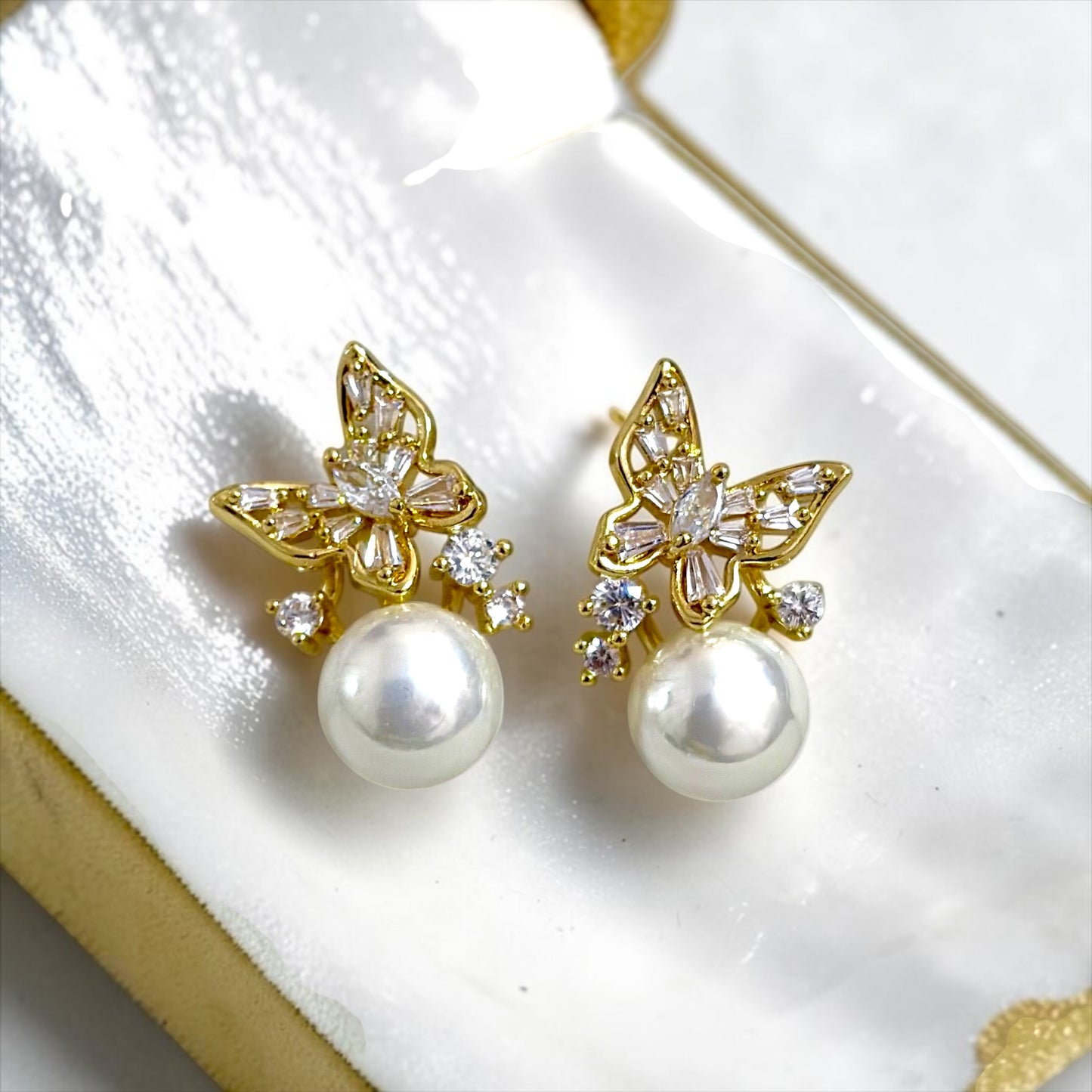 Diamond Butterfly pearl dropping studs