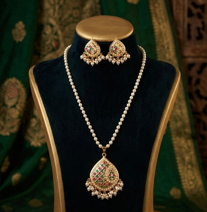 Traditional Jadau and multi-gemstones Pearl Necklace & Earring Set
