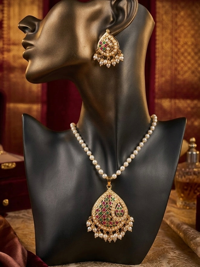 Traditional Jadau and multi-gemstones Pearl Necklace & Earring Set
