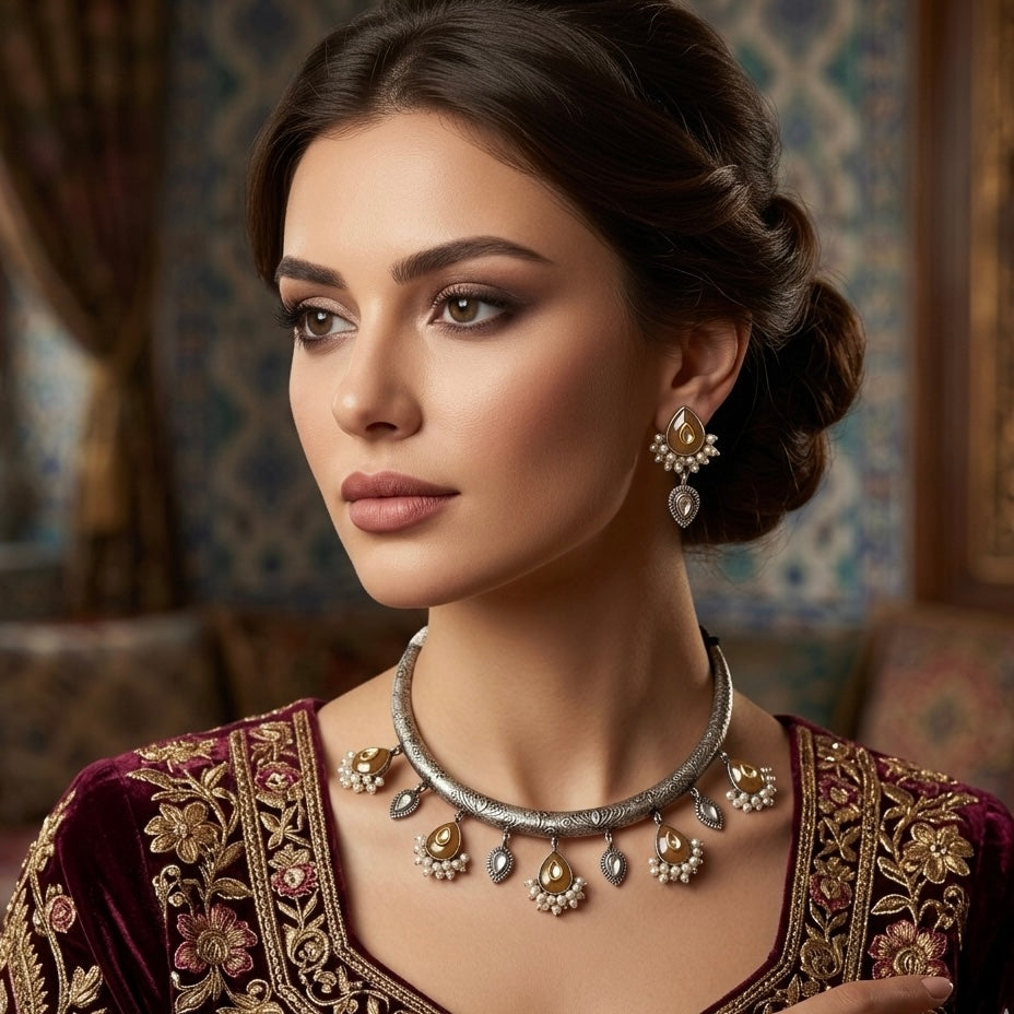 Abida Silver Oxidized  Hasli Set