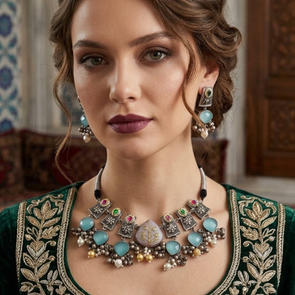 Amina Silver Oxidized Necklace Set