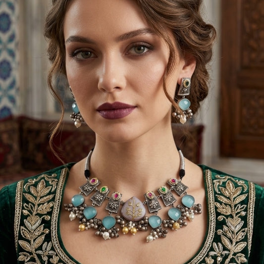 Amina Silver Oxidized Necklace Set
