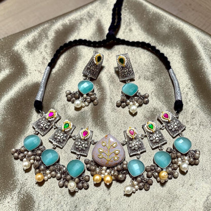 Amina Silver Oxidized Necklace Set