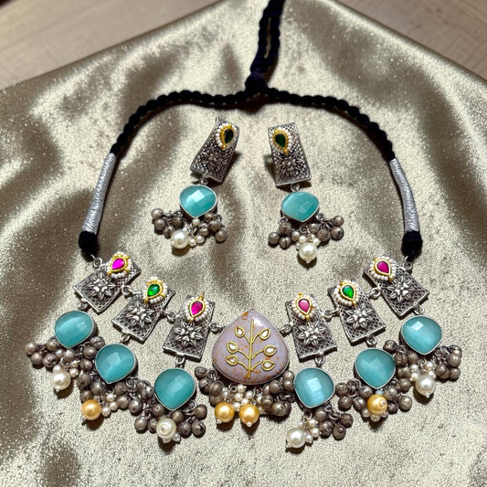 Amina Silver Oxidized Necklace Set