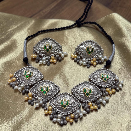 Aneesa Silver Oxidized Necklace Set