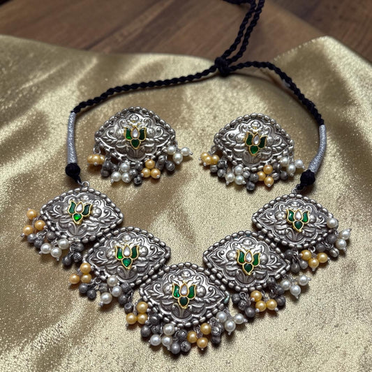 Aneesa Silver Oxidized Necklace Set