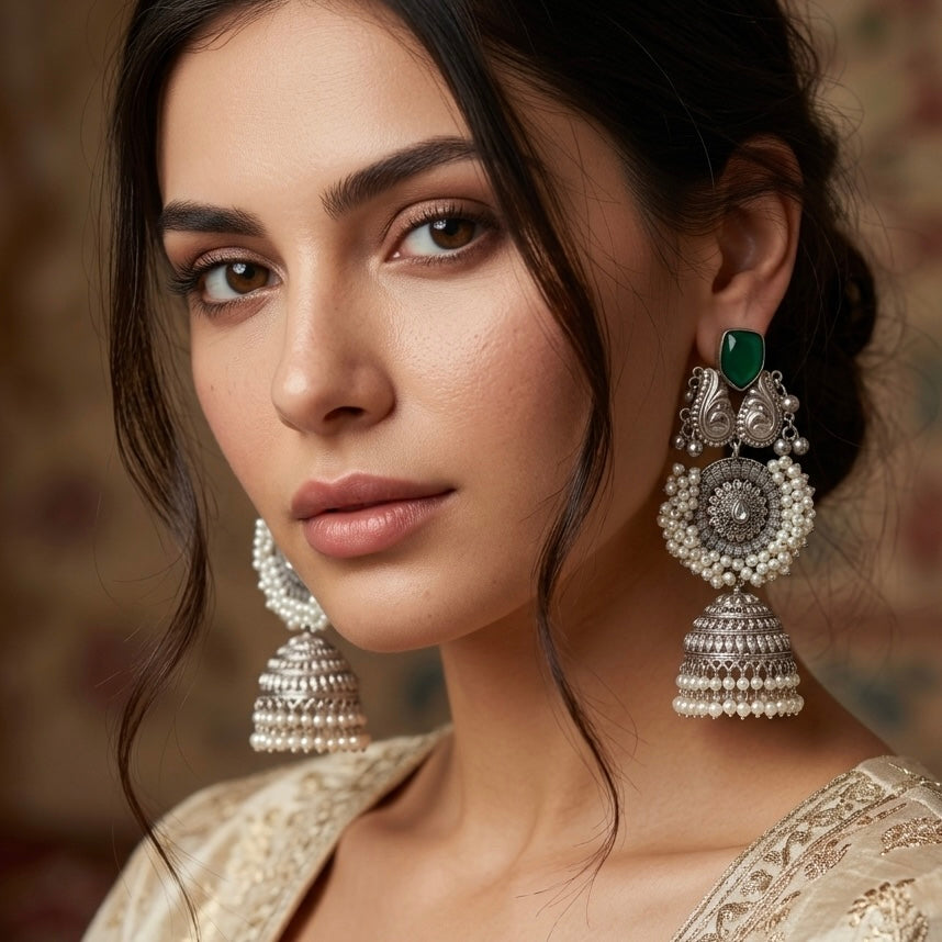 Aroos Silver Oxidized Jhumke Set