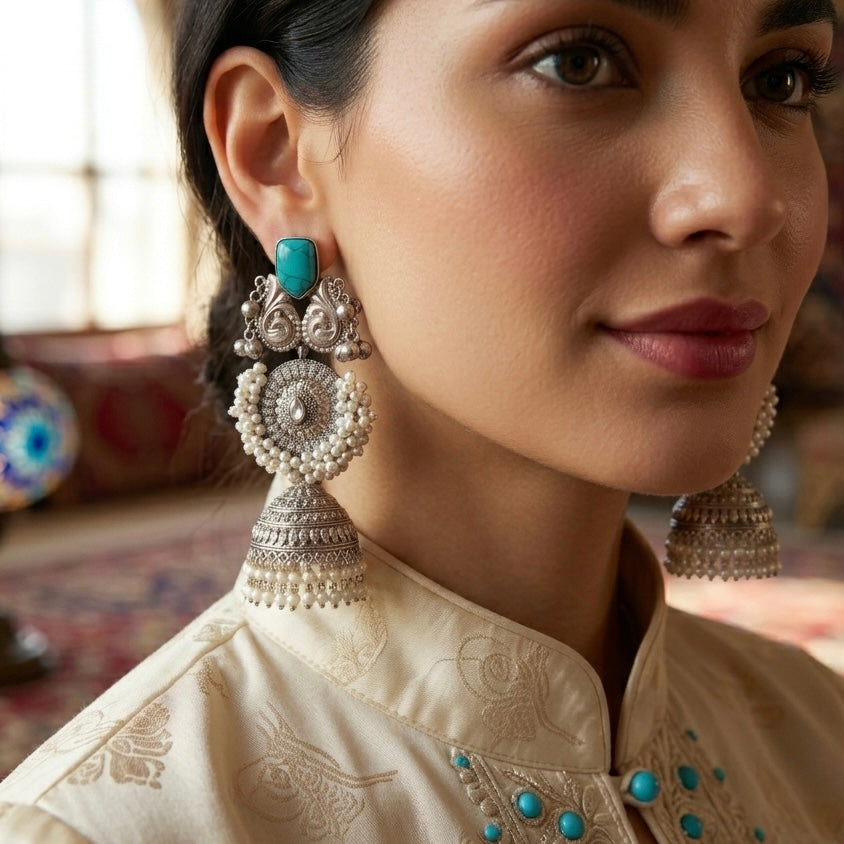 Aroos Silver Oxidized Jhumke Set
