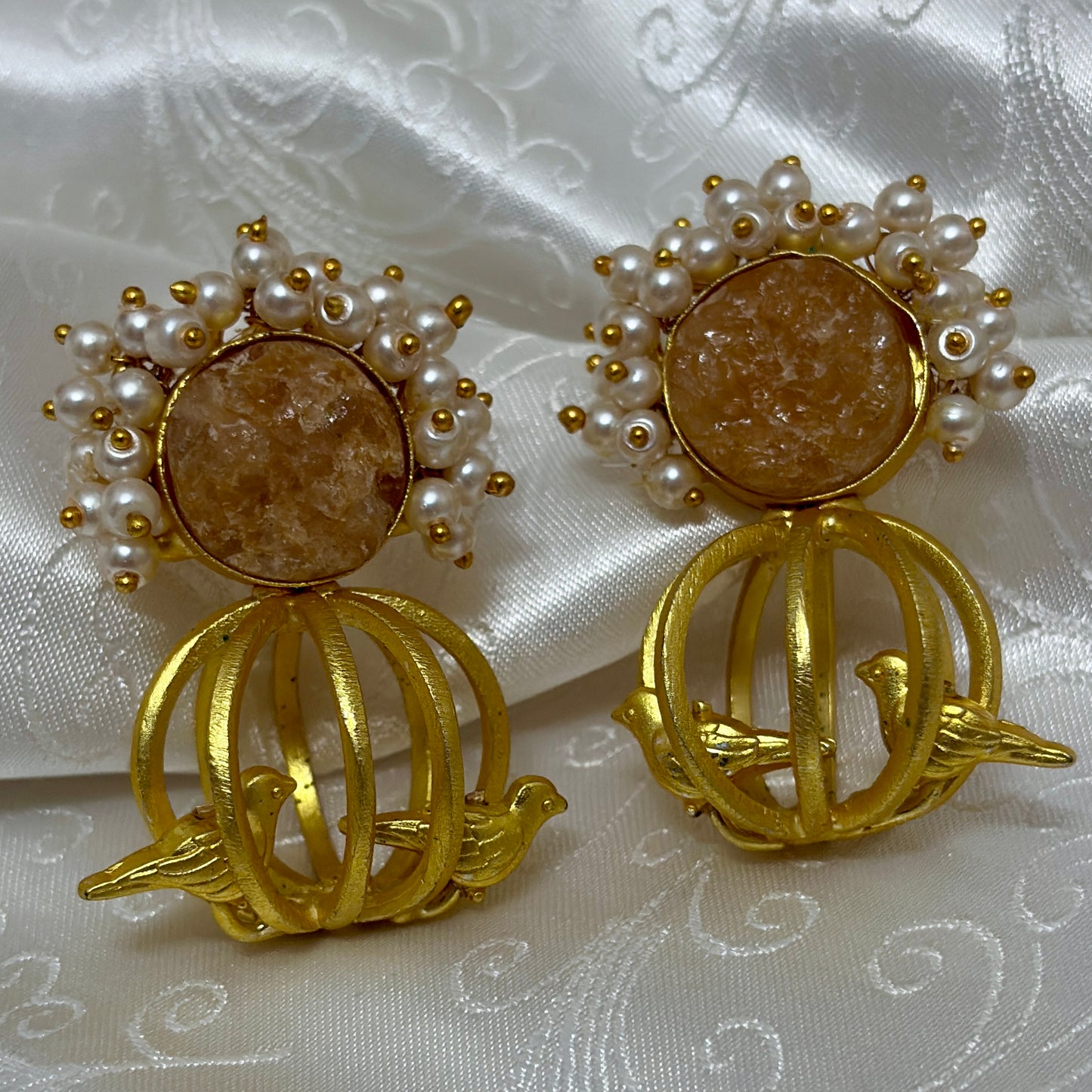 Golden Birdcage Pearl Earrings