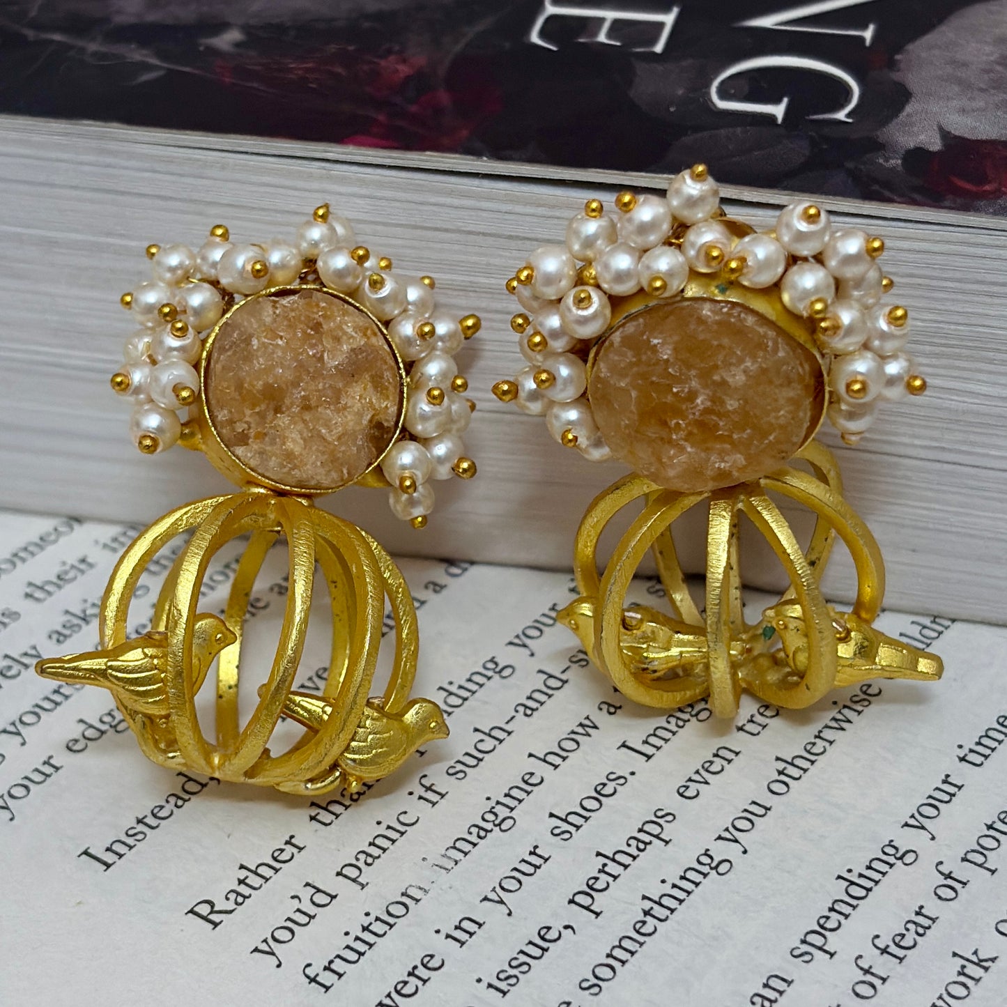 Golden Birdcage Pearl Earrings