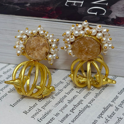 Golden Birdcage Pearl Earrings