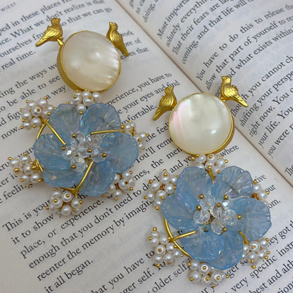 Pearl Blossom Bird Stud Earrings