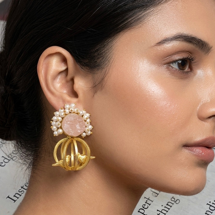 Golden Birdcage Pearl Earrings