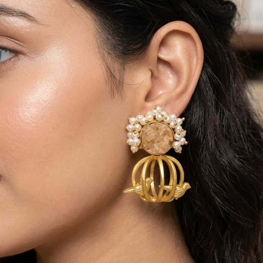 Golden Birdcage Pearl Earrings