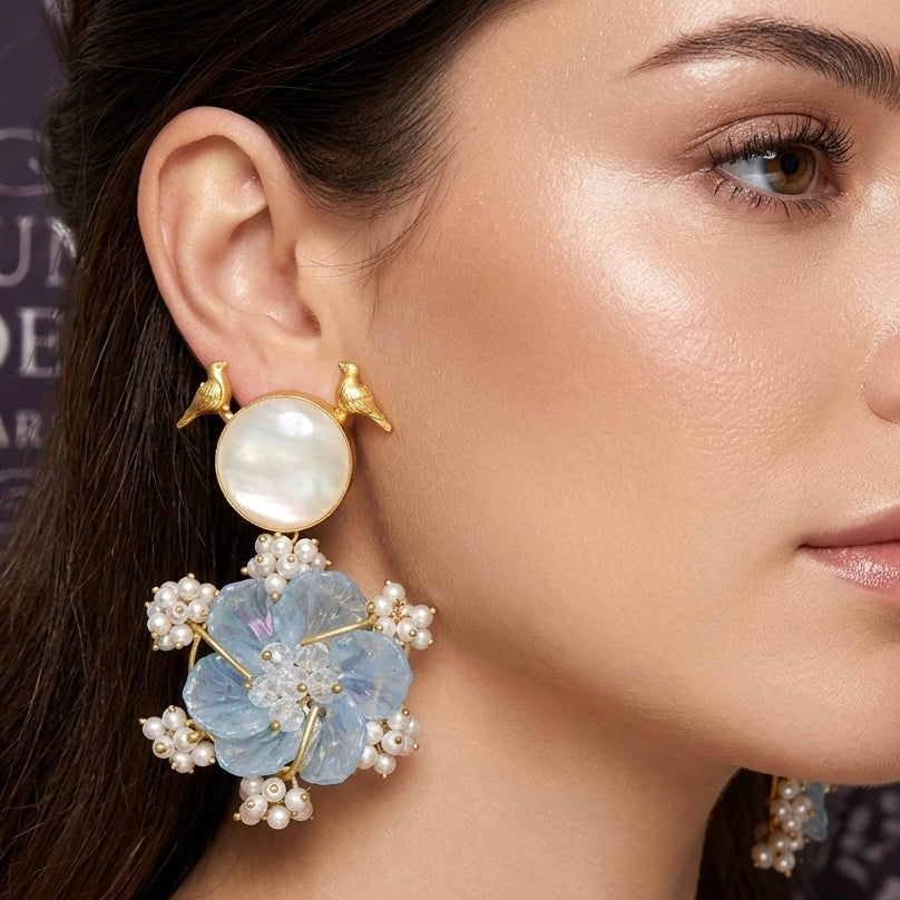 Pearl Blossom Bird Stud Earrings