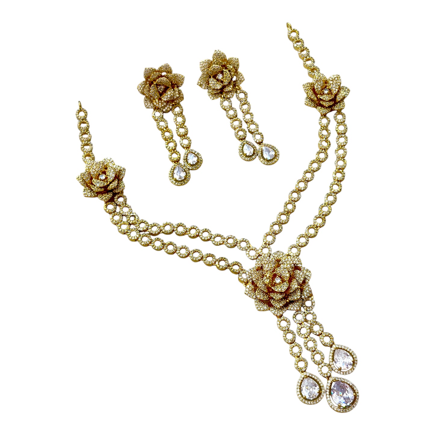 Elegant 2 Layer Rotating Floral Diamond Necklace Set