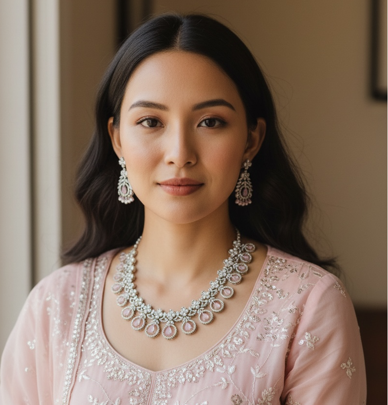 A woman wearing a light pink embroidered traditional outfit with a matching sheer jacket, styled with a silver-toned statement necklace and matching drop earrings.
