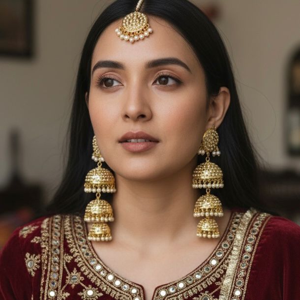 Karan- 1 Gram Gold Plated Real Jadau Lightweight Maangtikka Set