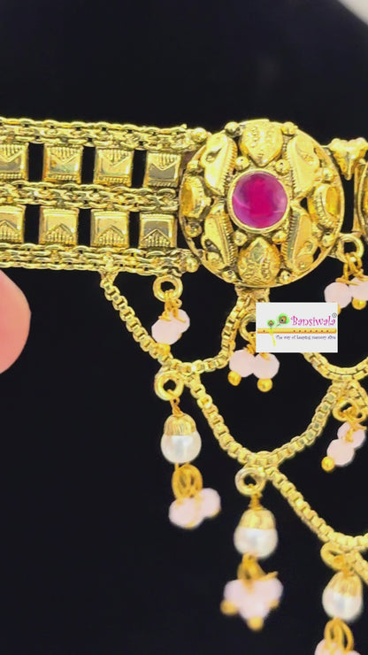 1 Gram Gold Plated Traditional Heritage Antique Finish Flexible Necklace Sets with Jhumki & Maangtikka