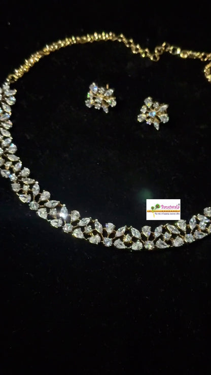 Red Carpet Celebrity- Luxurious 1 Gram Gold Plated & white Rhodium Plated  Real Diamond inspired Hasli style Necklace Set with Back Screw