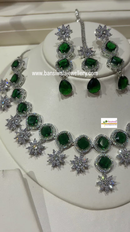 Premium quality Diamonds white rhodium plated starring Necklace sets with Maangtikka