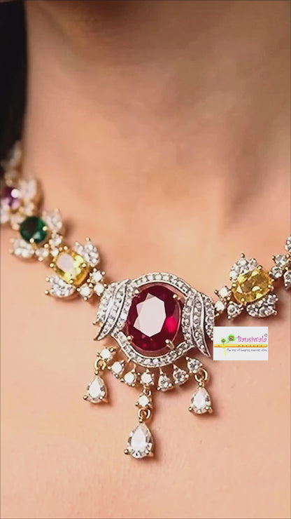 24K Gold Plated-GJ Multicolor Precious Gemstone Lotus Necklace Set