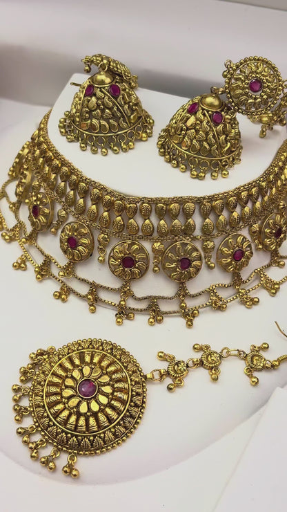 1 Gram Gold Plated Traditional Heritage Antique Finish Flexible Necklace Sets with Jhumki & Maangtikka