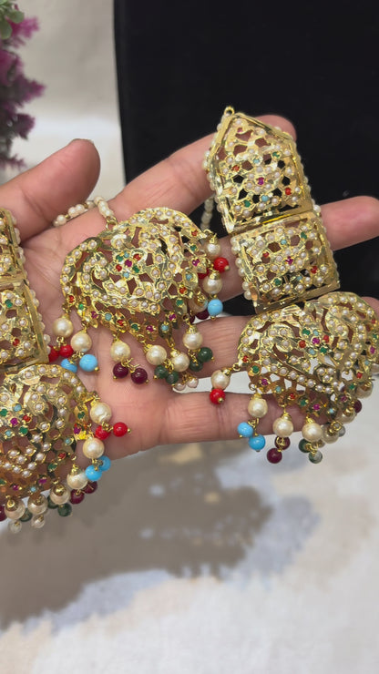 Gold Plated Jadau Lightweight Studs with ear covered, backside pearl chain & Maangtikka