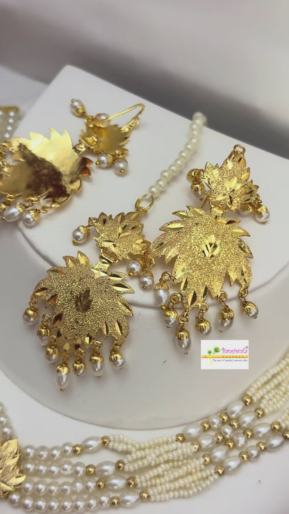 Real Gold Look Lightweight 24k Gold plated Traditional Heritage Necklace Set with Mangtikka