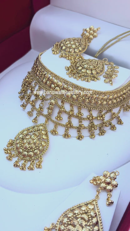 1 Gram Gold Plated flexible lightweight Antique polished Bridal Necklace Set with Mangtikka