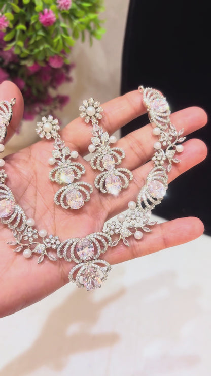 Lotus-Floral leafy American Diamond Lightweight Necklace Set