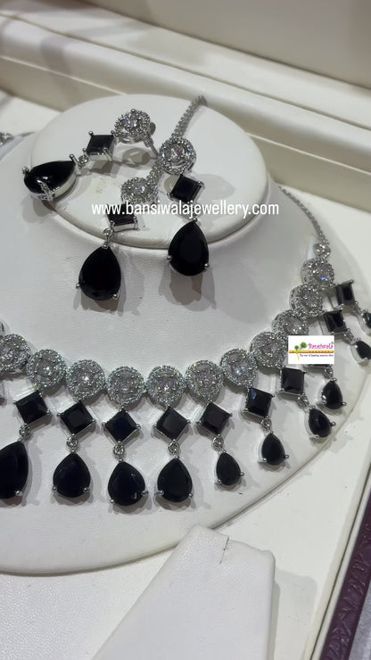 Premium quality Diamonds white rhodium plated dropping Necklace sets with Maangtikka